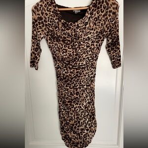 H&M Brown Leopard Print 3/4 Ruched Sleeve Dress